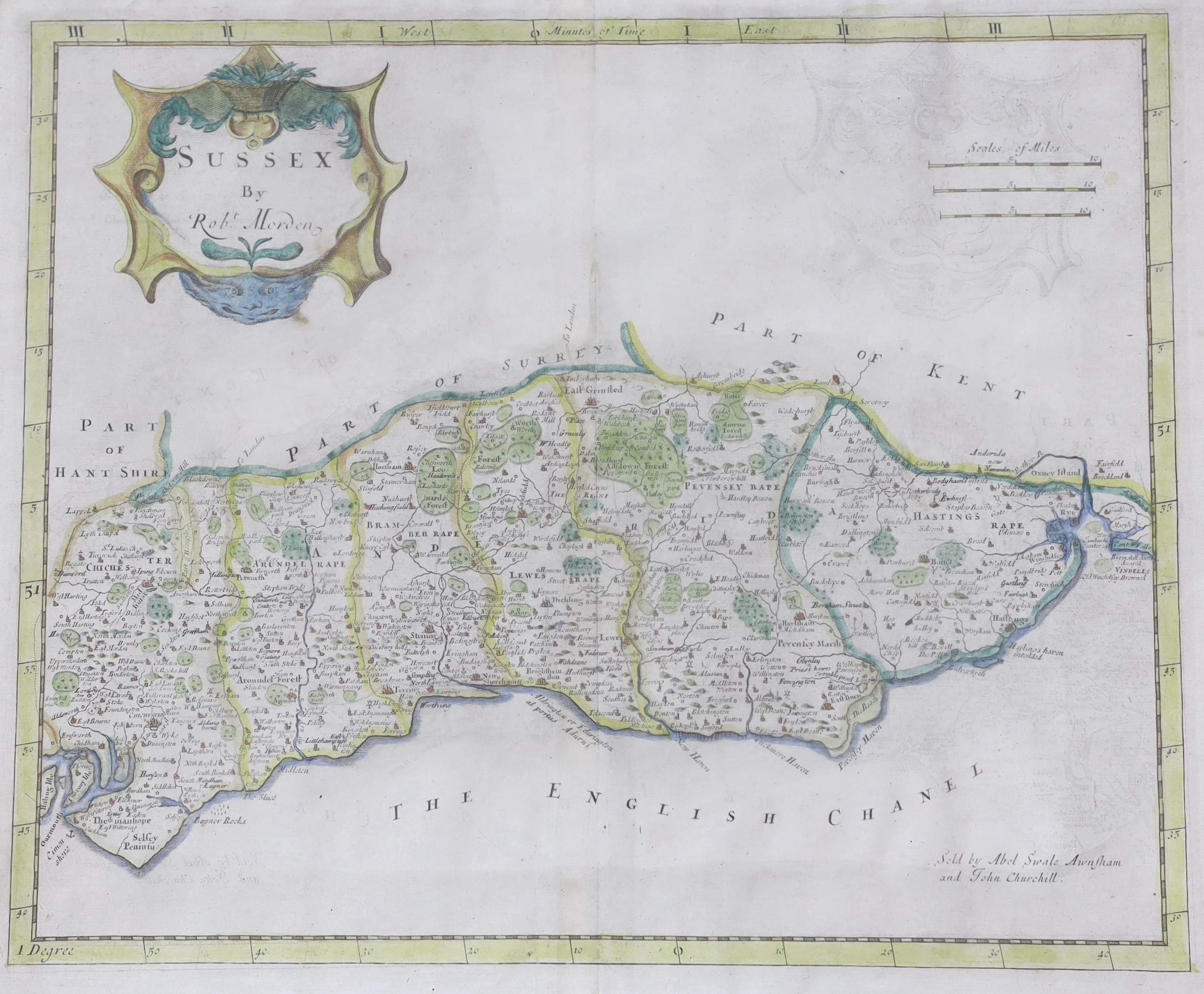 Robert Morden, hand coloured engraving, Map of Sussex, 38 x 45cm